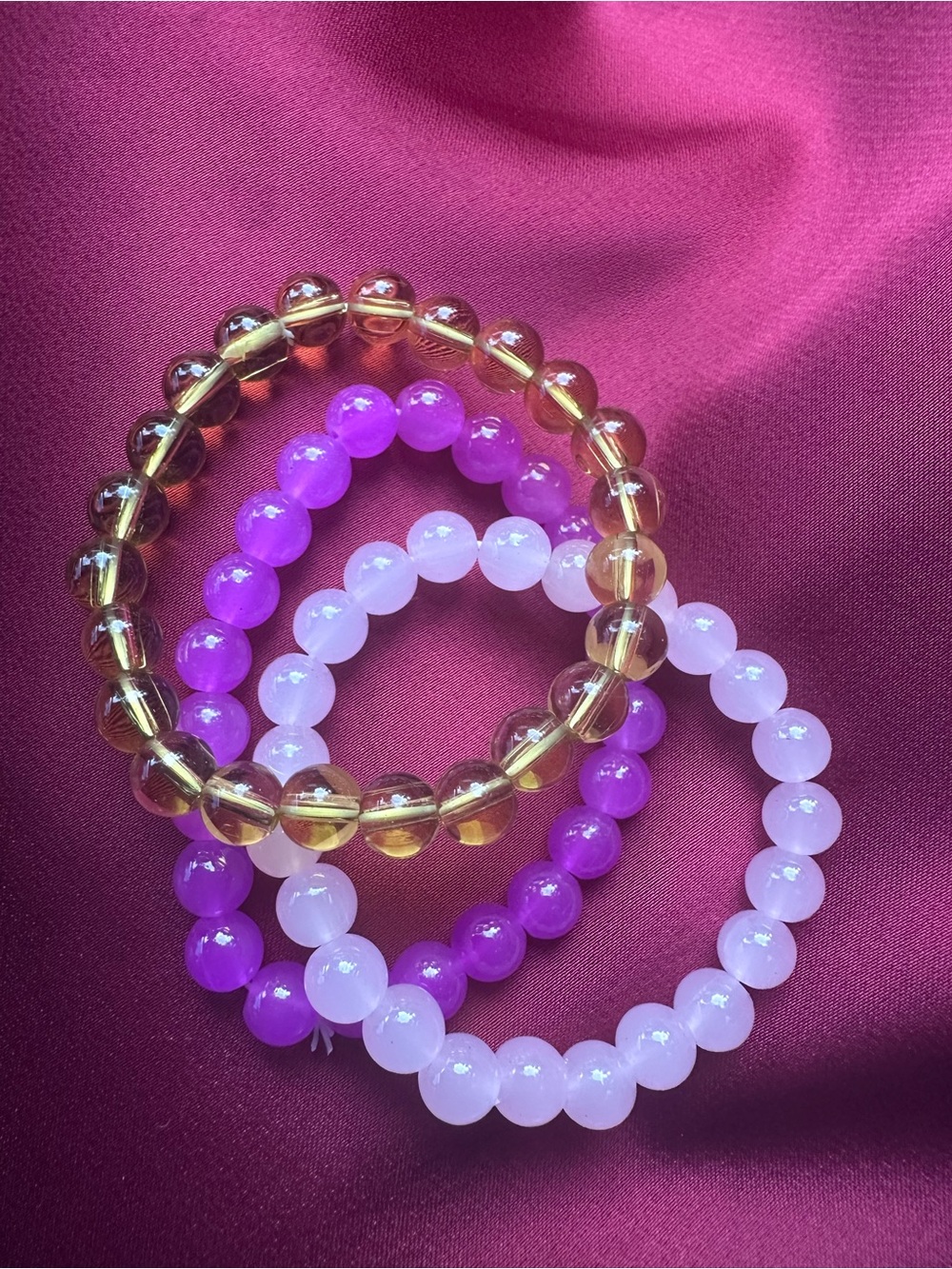 Set of 3 Beaded Stretch Bracelets - Purple, Lavender, Amber